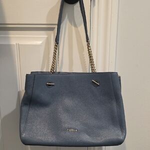 Furla Blue Leather Shoulder Bag with Gold Chain